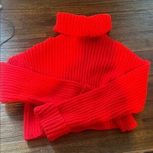 Bright Red Cropped Ribbed Turtleneck Sweater